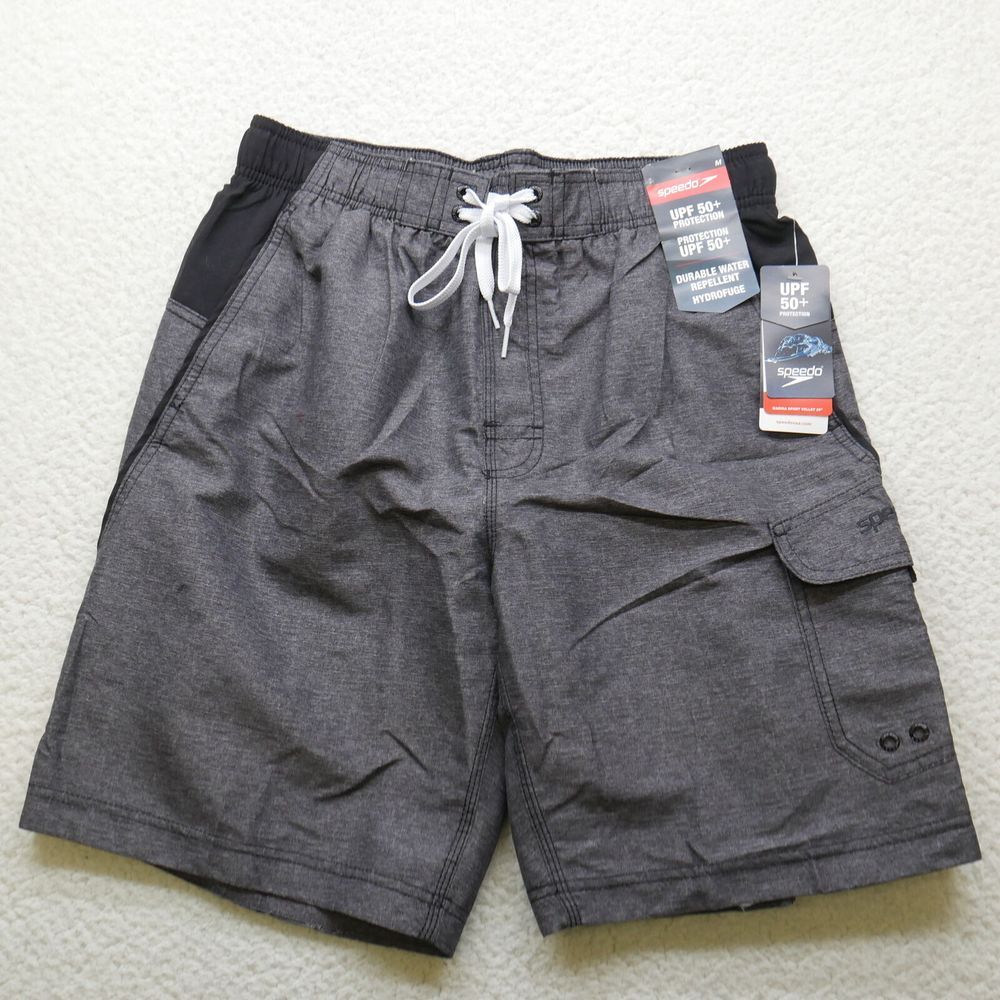 Speedo Swim Trunks Mens Medium UPF‎ 50+ Water Repellent Gray Black Pockets